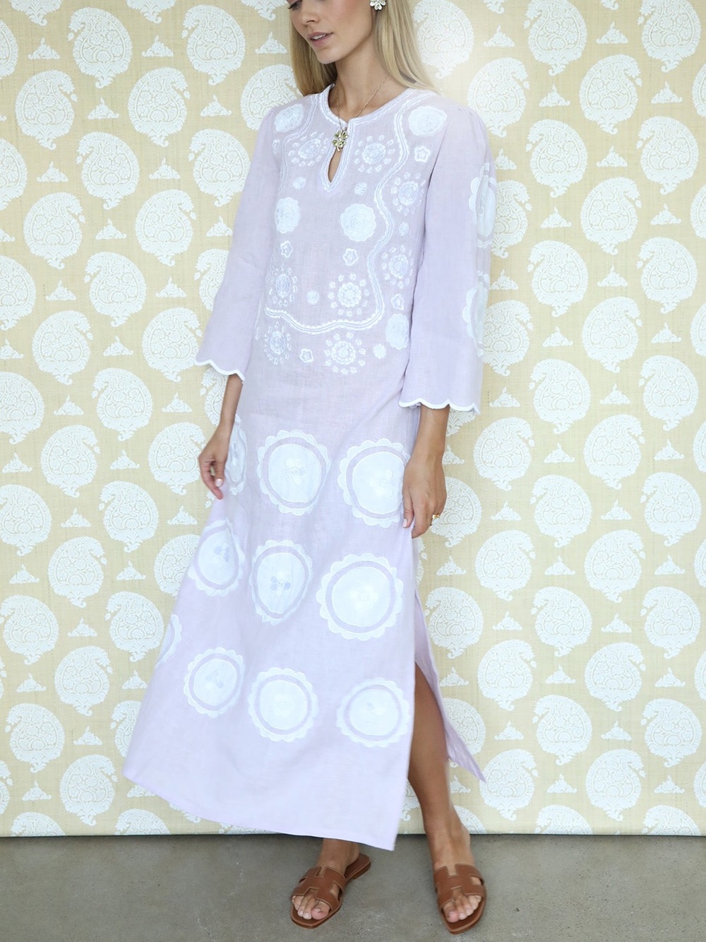 NWT ASHA By Ashley McCormick Lilac Alice Kaftan Dress Linen Embroidery Size XL
